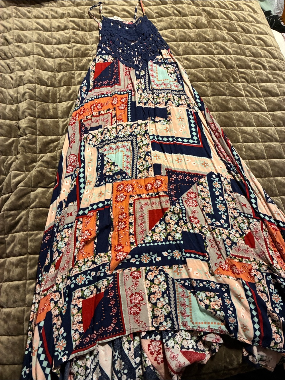 eesome Navy & Coral Patchwork Midi Dress with Crochet Yoke